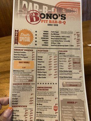 Bono's bar-b-q - Bono's Pit Bar-B-Q Categories. By the Pound Dessert Family Feasts Platters Salads Sandwiches Sides Smokehouse Stackers Smokin' Snacks. Menus With Price . Menu. Bono's Pit Bar-B-Q. Bono's Pit Bar-B-Q Menus and Prices. Bono's Pit Bar-B-Q Nutrition > 17 Locations in 2 States. 4.5 based on 91 votes.